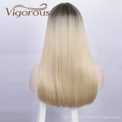 Vigorous High Quality Cheap Price Long Straight Wave Ombre Blonde Dark Root With Neat Bangs For Black Women Synthetic Hair Wigs